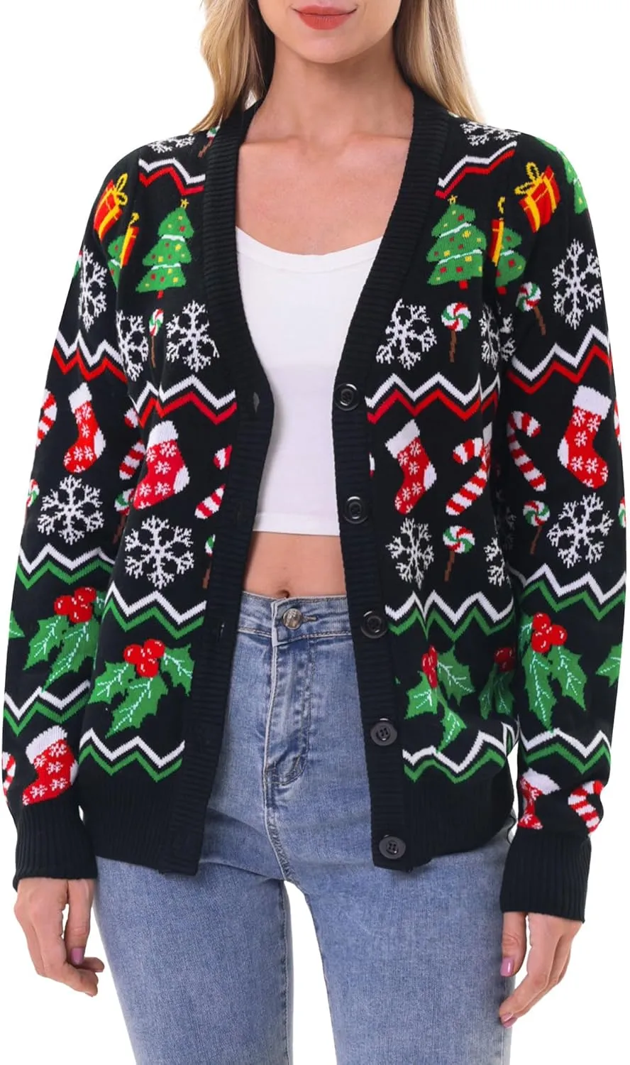 RAISEVERN Ugly Christmas Cardigan Sweater Women Oversized Knit Open Front Tops