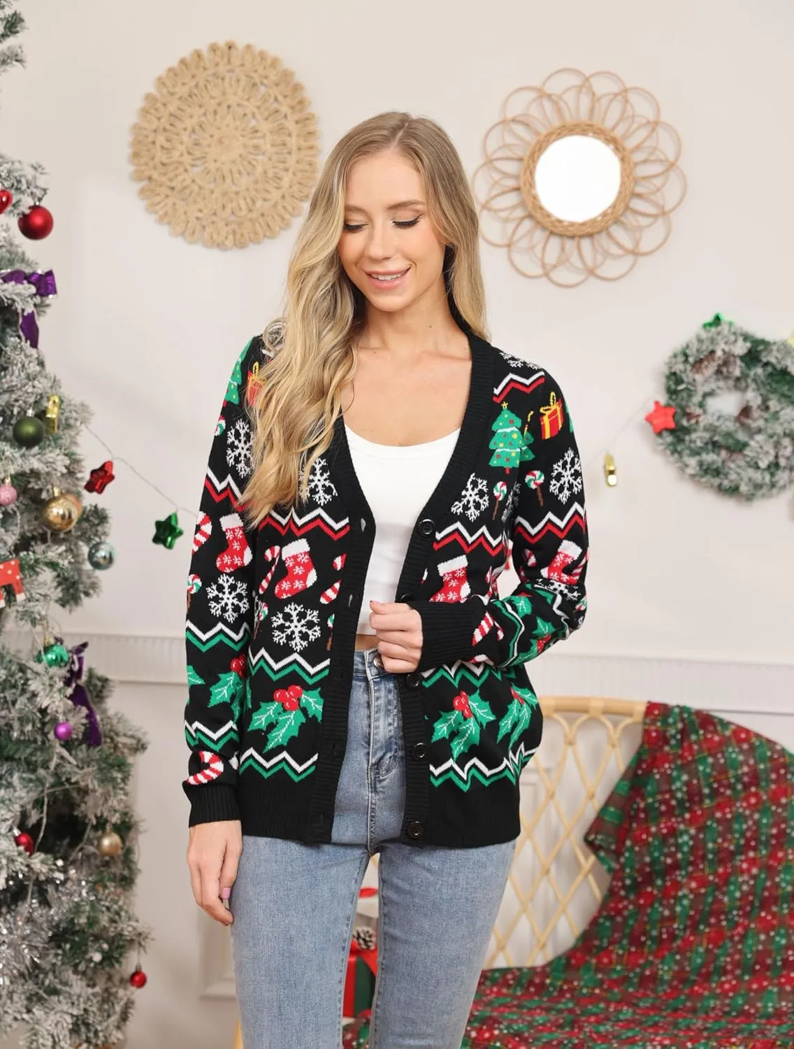 RAISEVERN Ugly Christmas Cardigan Sweater Women Oversized Knit Open Front Tops