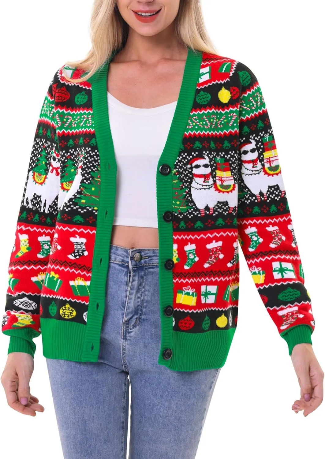 RAISEVERN Ugly Christmas Cardigan Sweater Women Oversized Knit Open Front Tops