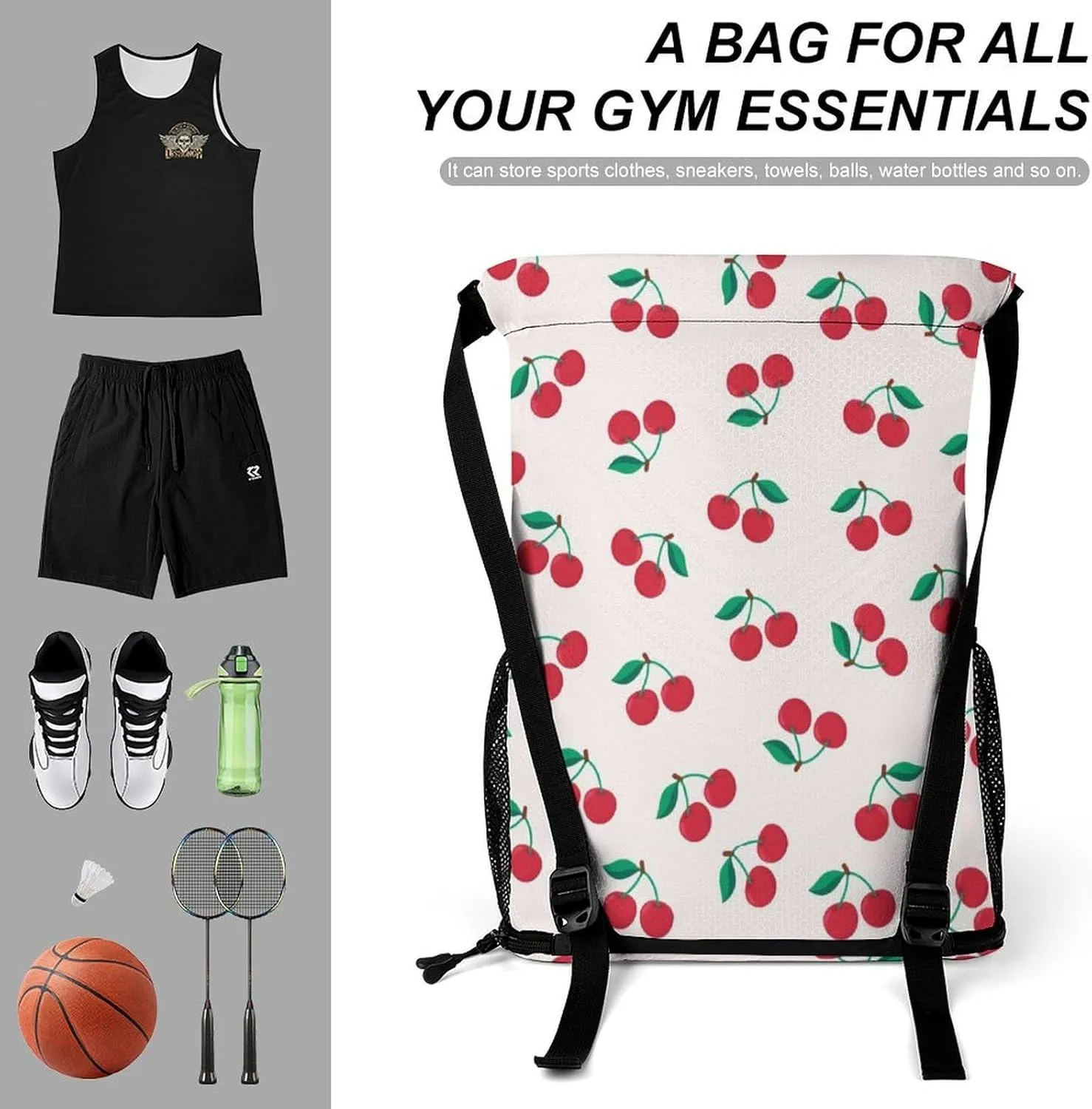 Red Cherry Sports Backpack with Large Mouth Design And Dry Wet Separation for Unisex