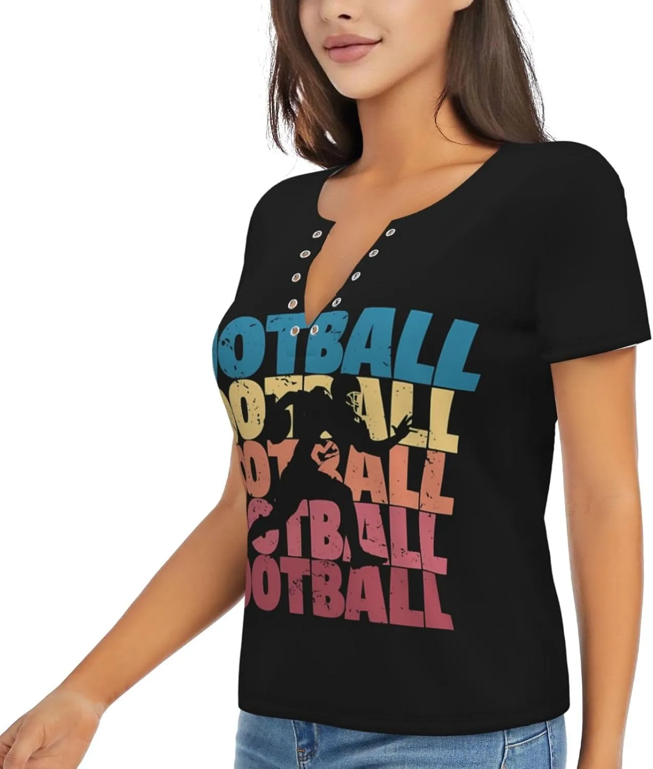 Retro American Football Womens Deep v Neck T-Shirts Short Sleeve Shirts Casual Tee Tops Slim Fit T-Shirt