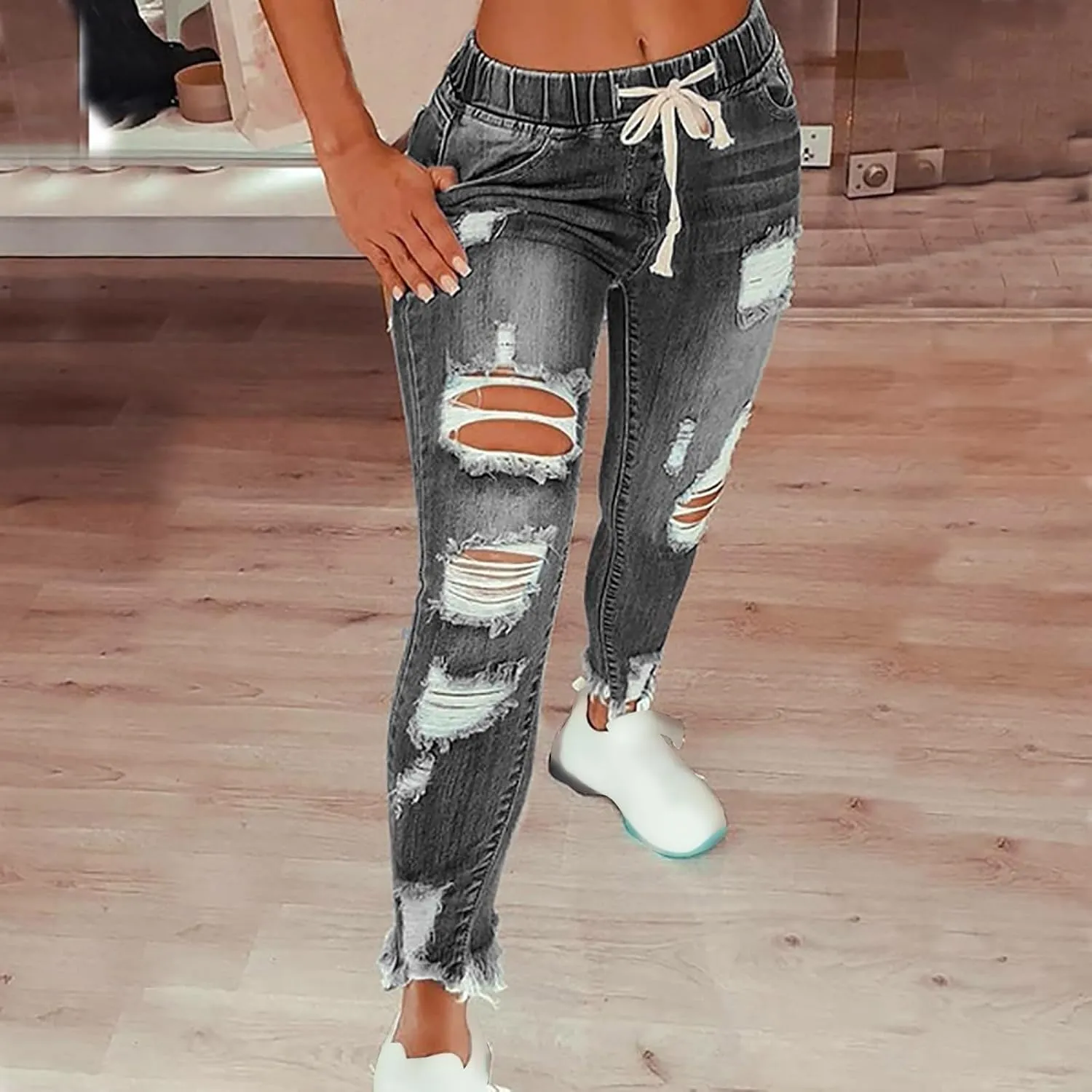 Ripped Jeans for Women Distressed High Waisted Drawstring Jeans Raw Hem Stretchy Denim Pants with Pockets Cropped Pants
