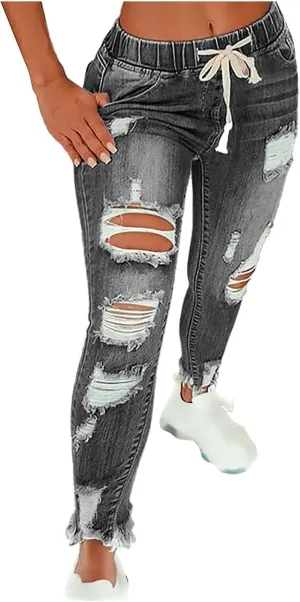 Ripped Jeans for Women Distressed High Waisted Drawstring Jeans Raw Hem Stretchy Denim Pants with Pockets Cropped Pants