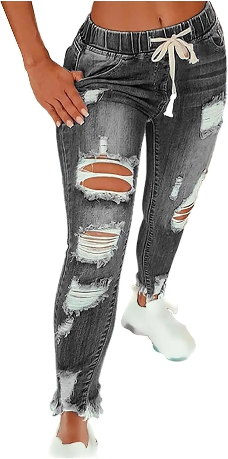 Ripped Jeans for Women Distressed High Waisted Drawstring Jeans Raw Hem Stretchy Denim Pants with Pockets Cropped Pants