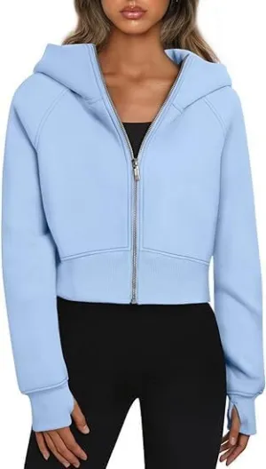 RONGTAI Women's Cropped Zip-Up Hoodie Fleece Lined Y2K Sweatshirt, Casual Short Winter Jacket, Comfy Fall Long Sleeve Top