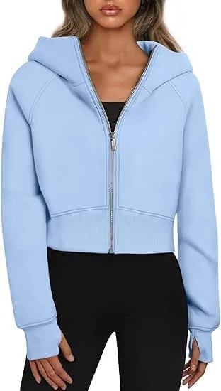 RONGTAI Women's Cropped Zip-Up Hoodie Fleece Lined Y2K Sweatshirt, Casual Short Winter Jacket, Comfy Fall Long Sleeve Top