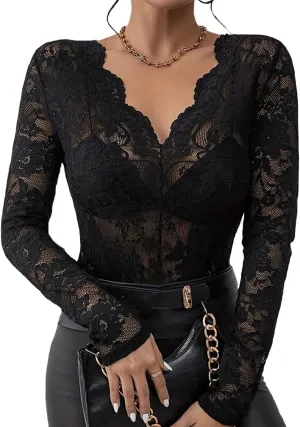 Sdencin Women Sexy Deep V-Neck See Through Mesh Sheer Lace Top Blouse Long Sleeve Slim Fit Floral Tee Shirt Tunic