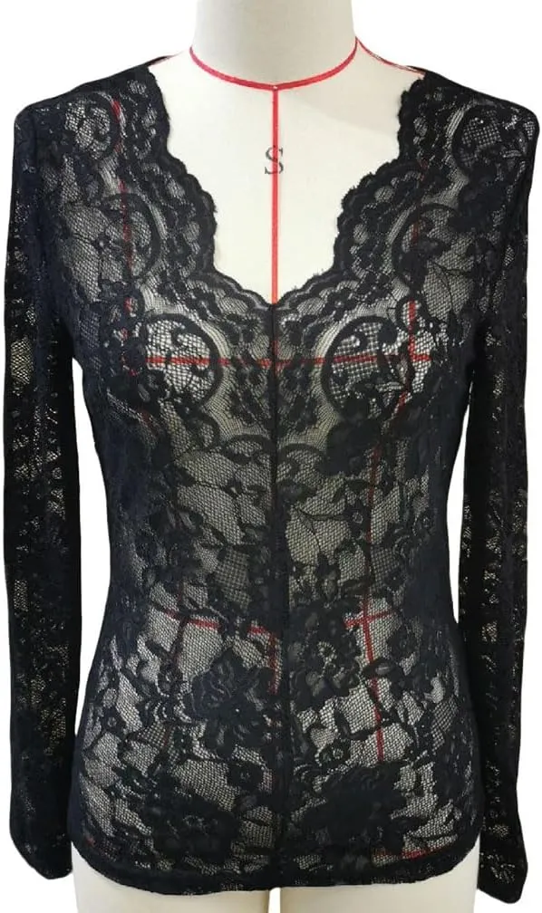Sdencin Women Sexy Deep V-Neck See Through Mesh Sheer Lace Top Blouse Long Sleeve Slim Fit Floral Tee Shirt Tunic