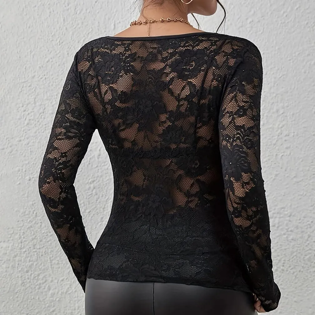 Sdencin Women Sexy Deep V-Neck See Through Mesh Sheer Lace Top Blouse Long Sleeve Slim Fit Floral Tee Shirt Tunic