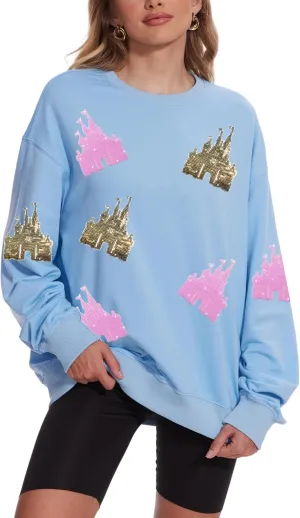 Sequin Magic Kingdom Sweatshirt For Women Sparkle Magical Castle Pullover Oversized Holiday Long Sleeve Tee Shirt Tops