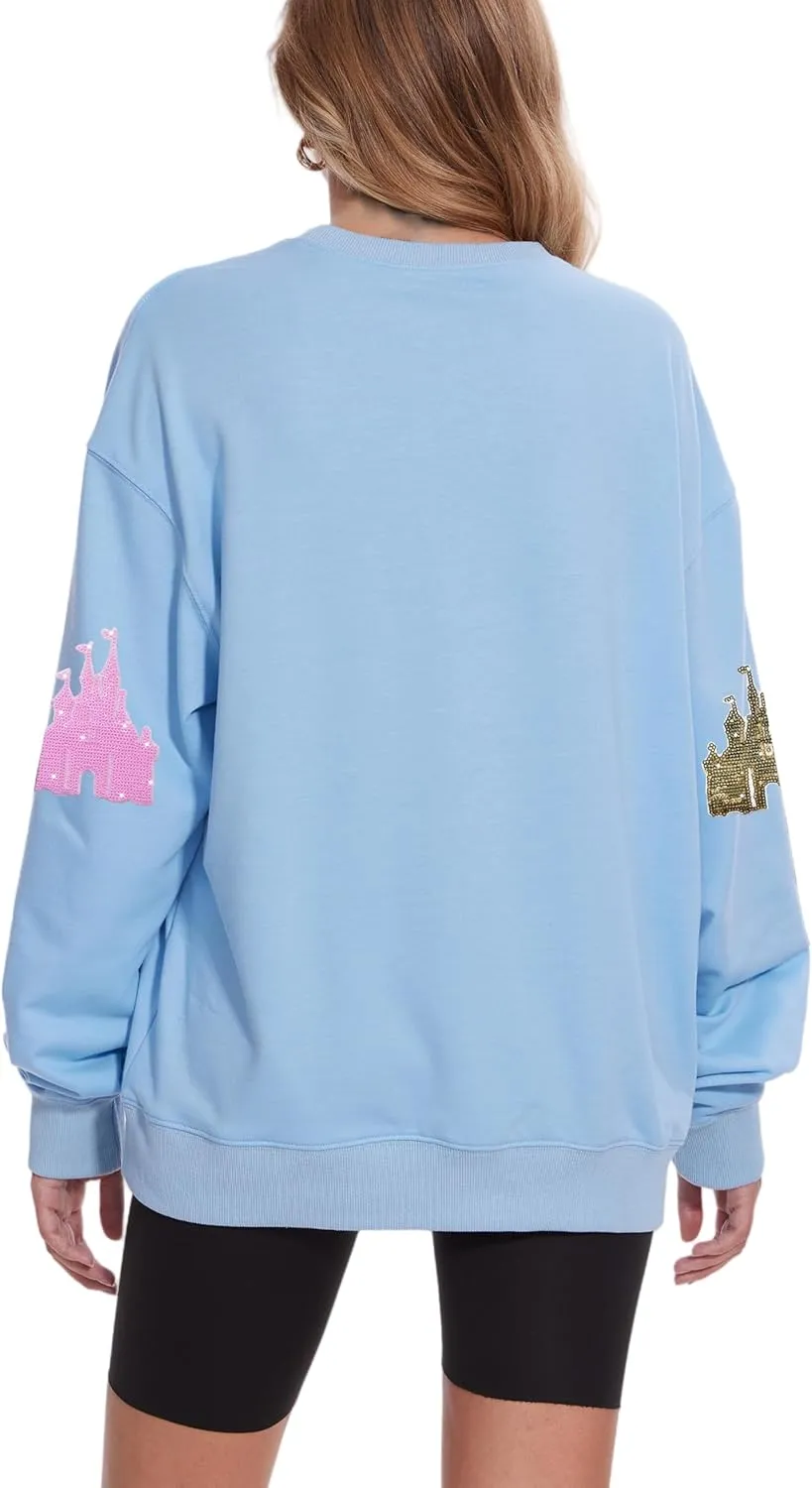 Sequin Magic Kingdom Sweatshirt For Women Sparkle Magical Castle Pullover Oversized Holiday Long Sleeve Tee Shirt Tops