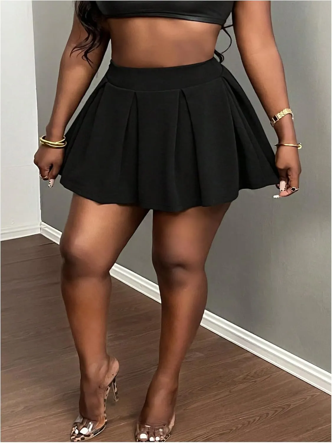 SHENHE Women's Pluse Size Pleated Swing Skirt Mini High Waisted Flowy Going Out Skater Shorts Skort