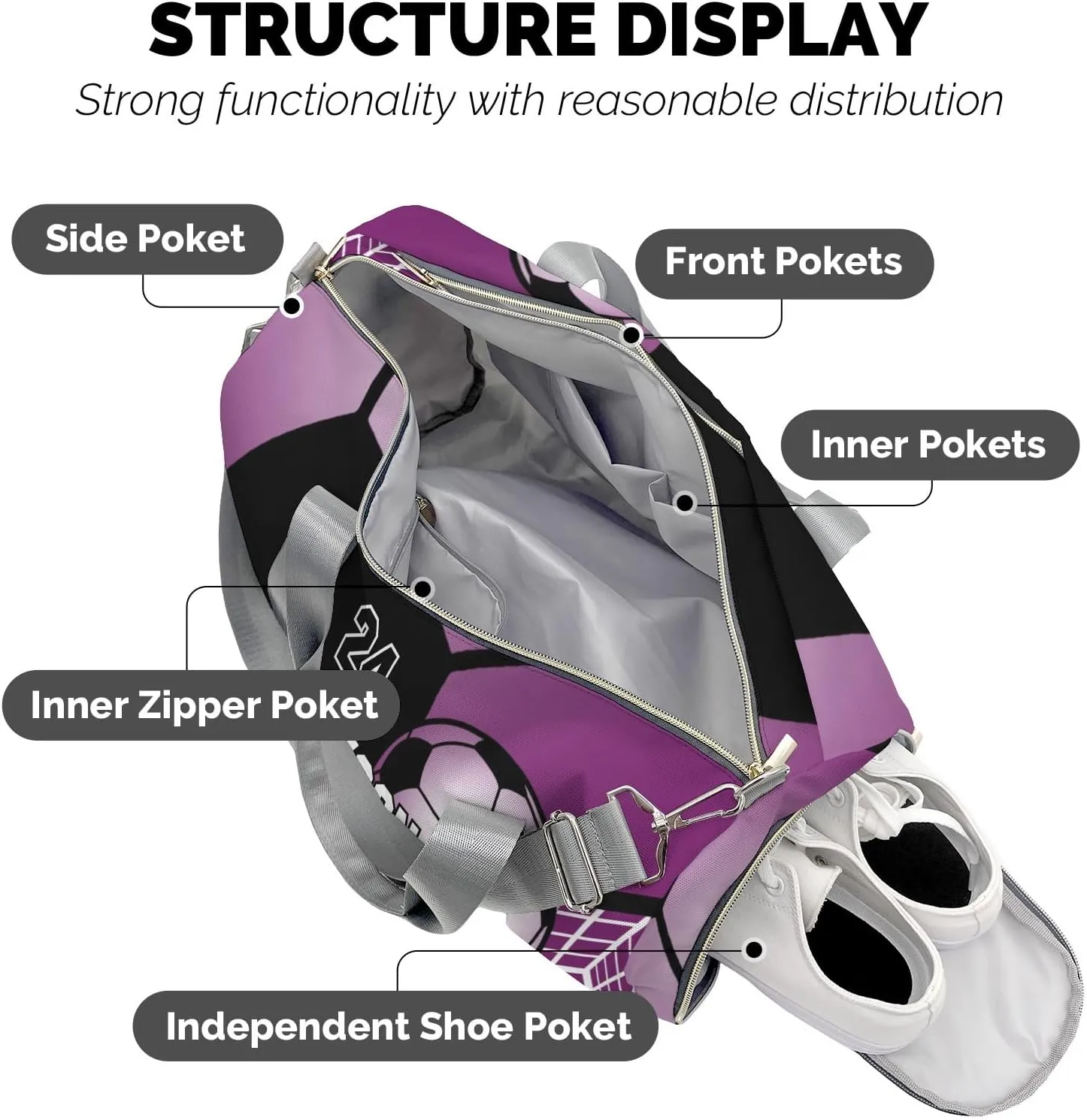 Soccer Ball Gym Grape Gym Bag for Women, Travel Duffle Bag Carry On Weekender Bag with Shoe Compartment