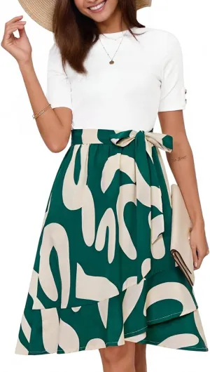 Summer Dresses for Women 2025 Short Sleeve Maxi Dress Flowy Asymmetrical Ruffle Tiered Boho Floral Dress with Belted