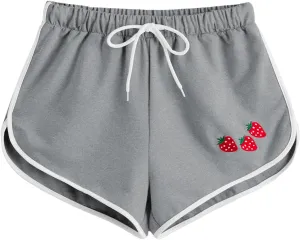 SweatyRocks Women's High Waist Lounge Cute Strawberry Embroidery Drawstring Waist Workout Sweat Shorts