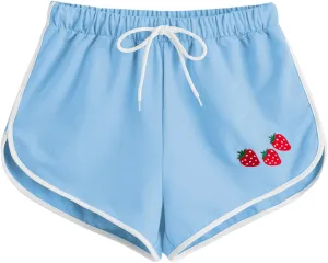 SweatyRocks Women's High Waist Lounge Cute Strawberry Embroidery Drawstring Waist Workout Sweat Shorts