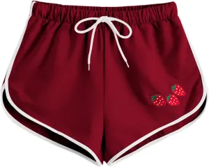 SweatyRocks Women's High Waist Lounge Cute Strawberry Embroidery Drawstring Waist Workout Sweat Shorts