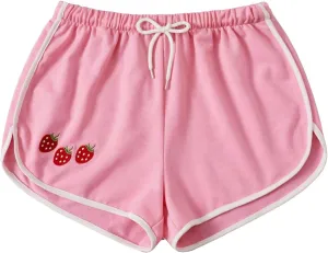 SweatyRocks Women's High Waist Lounge Cute Strawberry Embroidery Drawstring Waist Workout Sweat Shorts