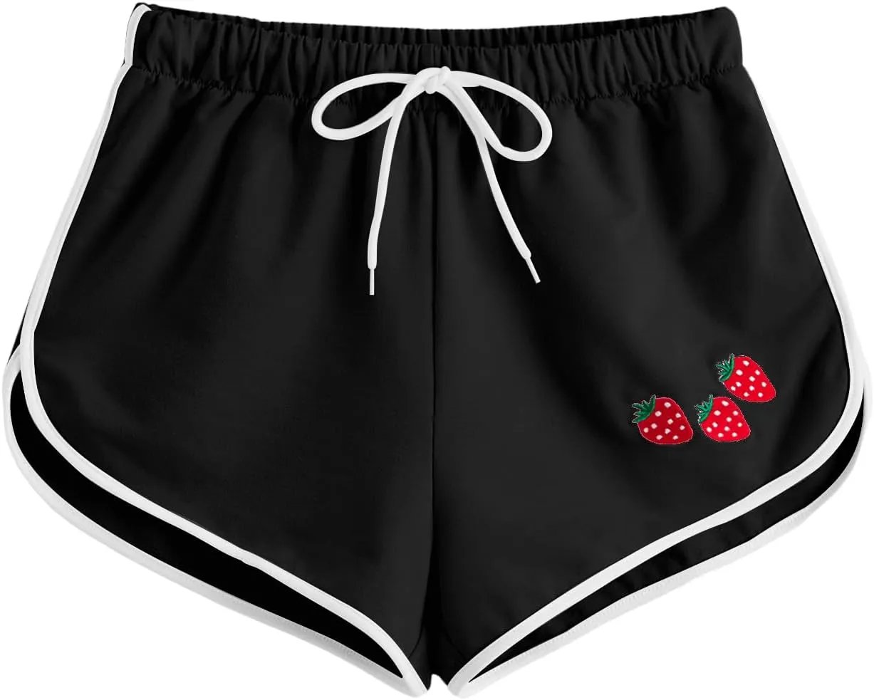 SweatyRocks Women's High Waist Lounge Cute Strawberry Embroidery Drawstring Waist Workout Sweat Shorts