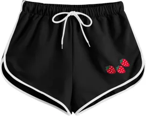 SweatyRocks Women's High Waist Lounge Cute Strawberry Embroidery Drawstring Waist Workout Sweat Shorts