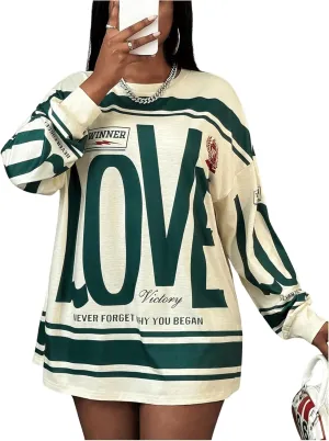 SweatyRocks Women's Oversized Letter Graphic Tees Y2K Long Sleeve Crew Neck Casual T Shirt Tops