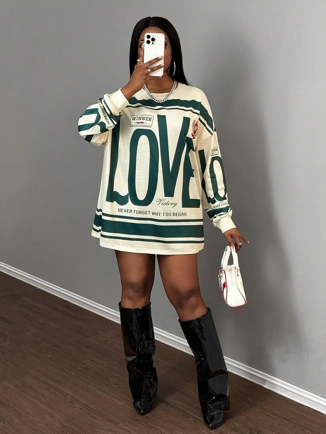 SweatyRocks Women's Oversized Letter Graphic Tees Y2K Long Sleeve Crew Neck Casual T Shirt Tops