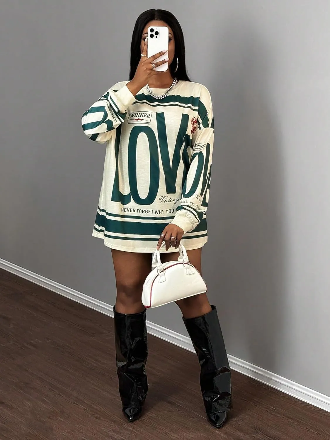 SweatyRocks Women's Oversized Letter Graphic Tees Y2K Long Sleeve Crew Neck Casual T Shirt Tops
