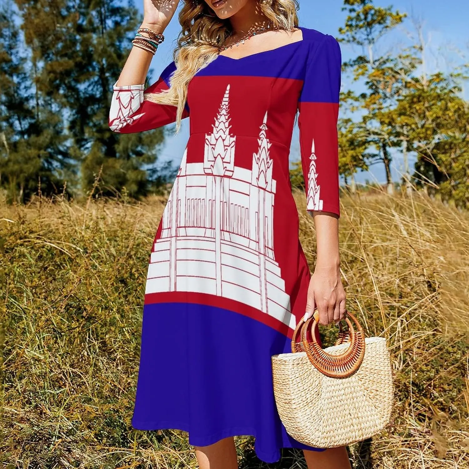 TAIZIYEAH Dress Cambodia Flag Women's Summer Casual Loose Dress Long Dress Short Sleeve for Girls Fashion Skirts M