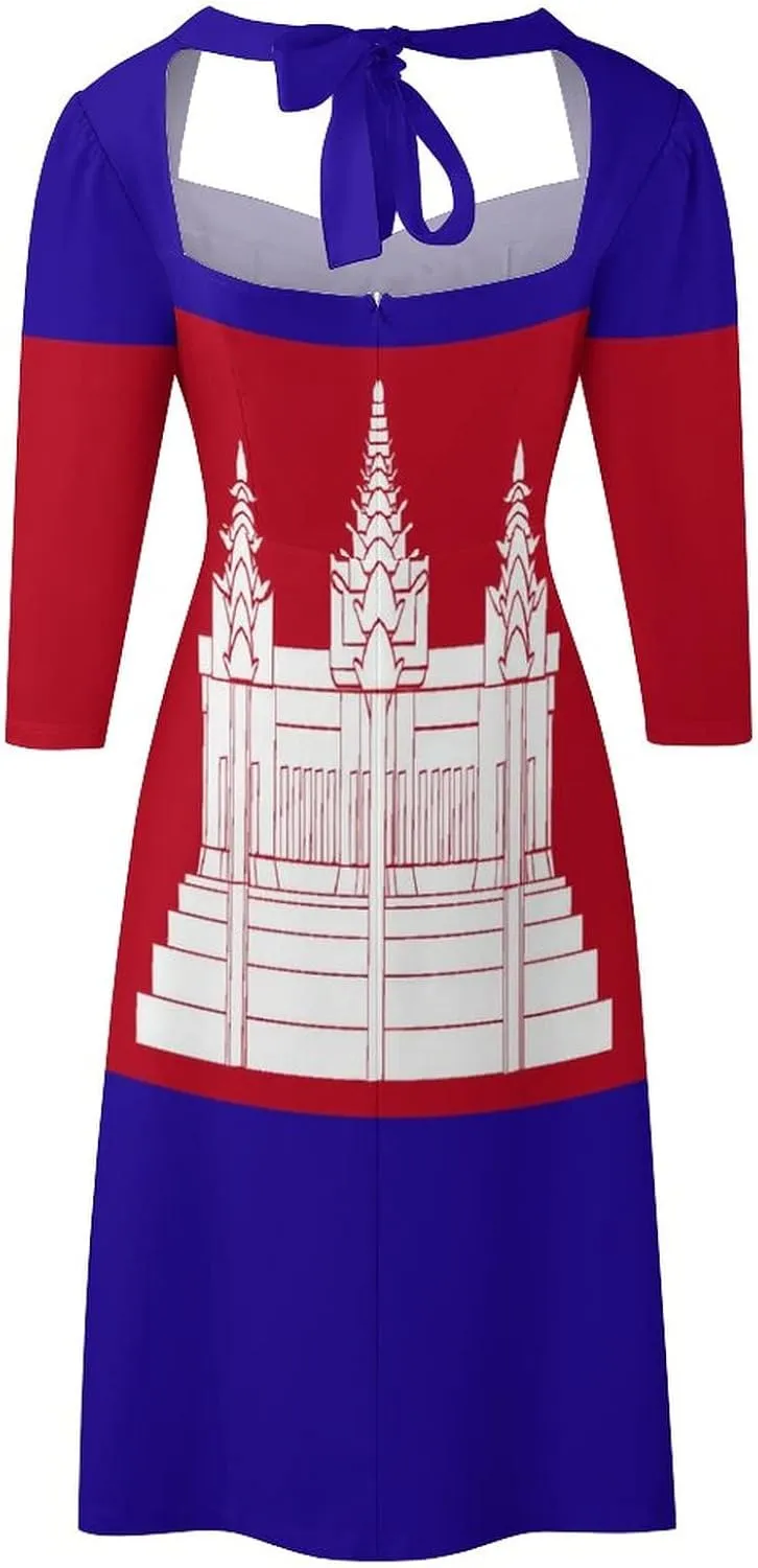 TAIZIYEAH Dress Cambodia Flag Women's Summer Casual Loose Dress Long Dress Short Sleeve for Girls Fashion Skirts M