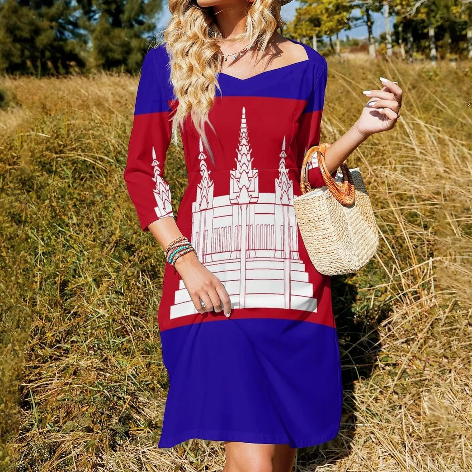 TAIZIYEAH Dress Cambodia Flag Women's Summer Casual Loose Dress Long Dress Short Sleeve for Girls Fashion Skirts M