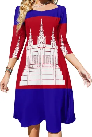 TAIZIYEAH Dress Cambodia Flag Women's Summer Casual Loose Dress Long Dress Short Sleeve for Girls Fashion Skirts M