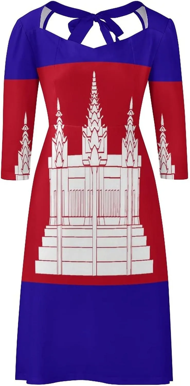 TAIZIYEAH Dress Cambodia Flag Women's Summer Casual Loose Dress Long Dress Short Sleeve for Girls Fashion Skirts M