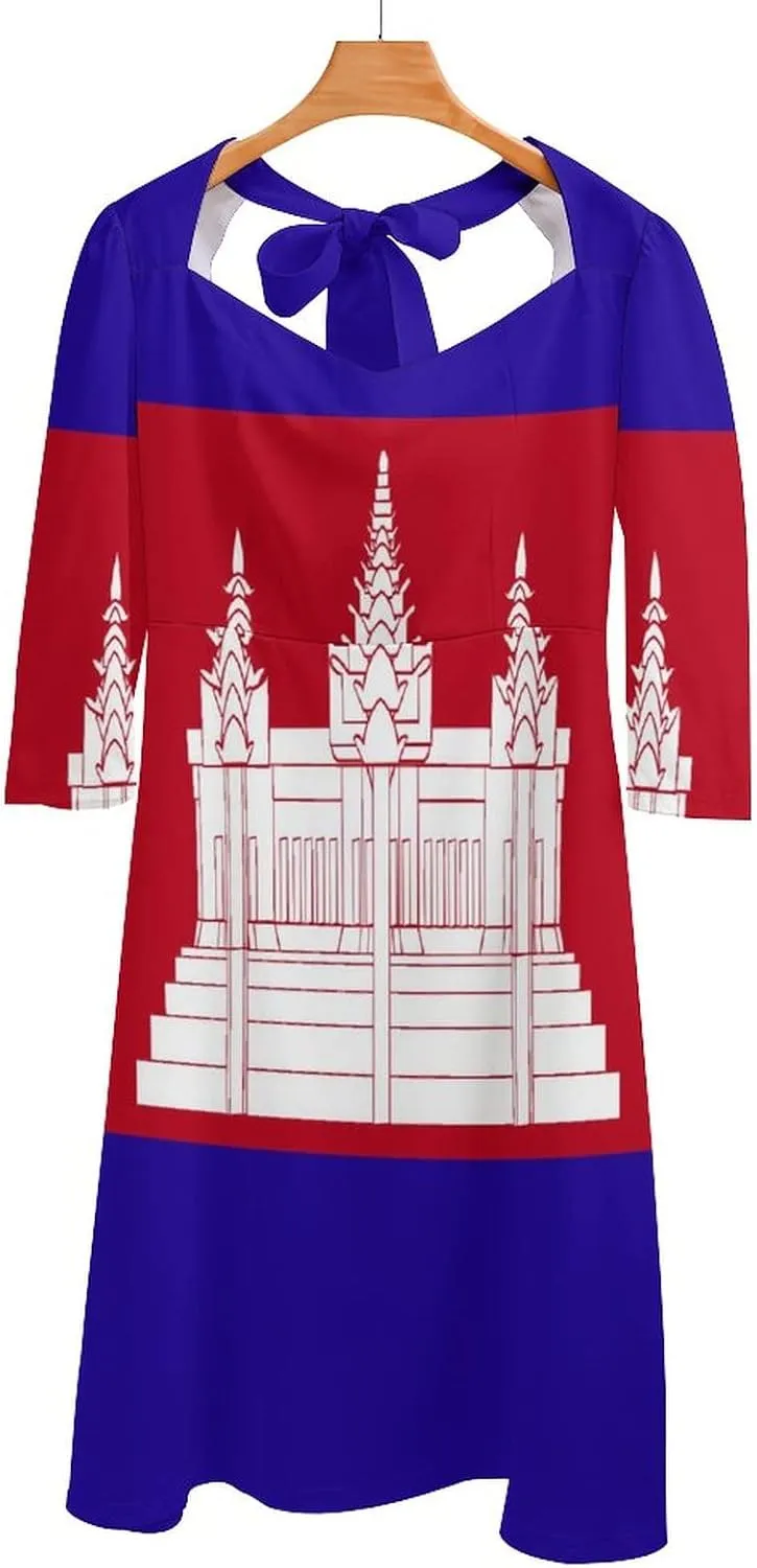 TAIZIYEAH Dress Cambodia Flag Women's Summer Casual Loose Dress Long Dress Short Sleeve for Girls Fashion Skirts M