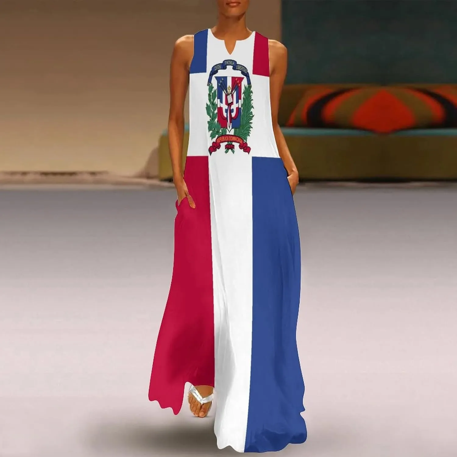 TAIZIYEAH Long Dress Dominican Flag Women's Summer Casual Loose Dress Long Dress Short Sleeve for Girls Fashion Skirts 2XL