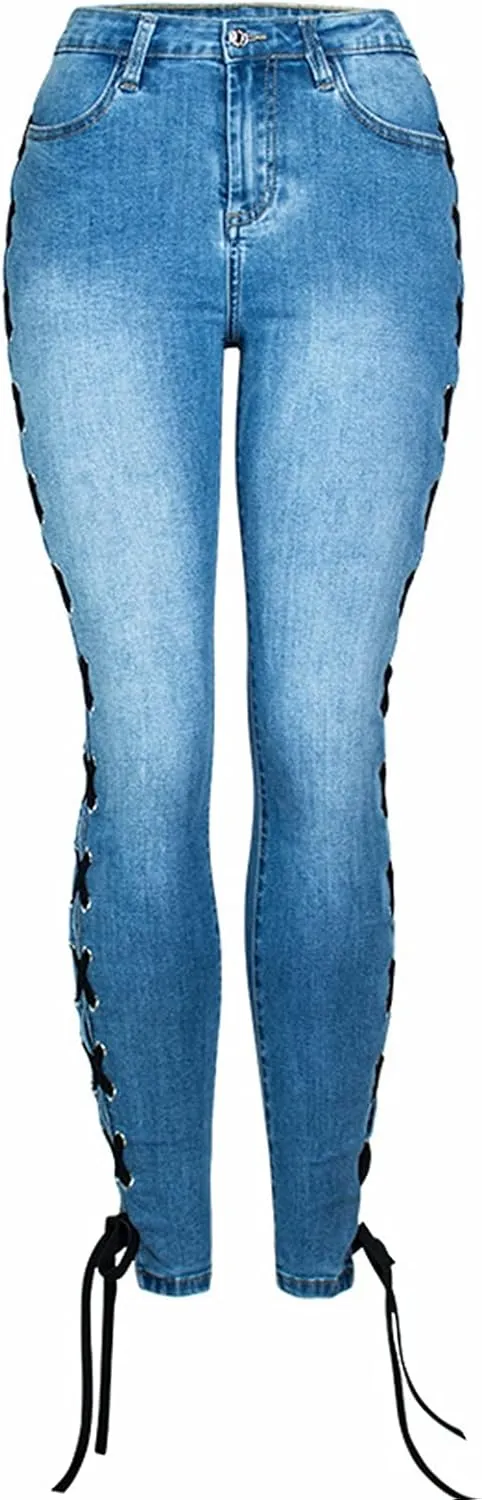 ThCreasa Womens Sexy Side Lace Up Skinny Jeans Stretch Straight Bandage Denim Pants