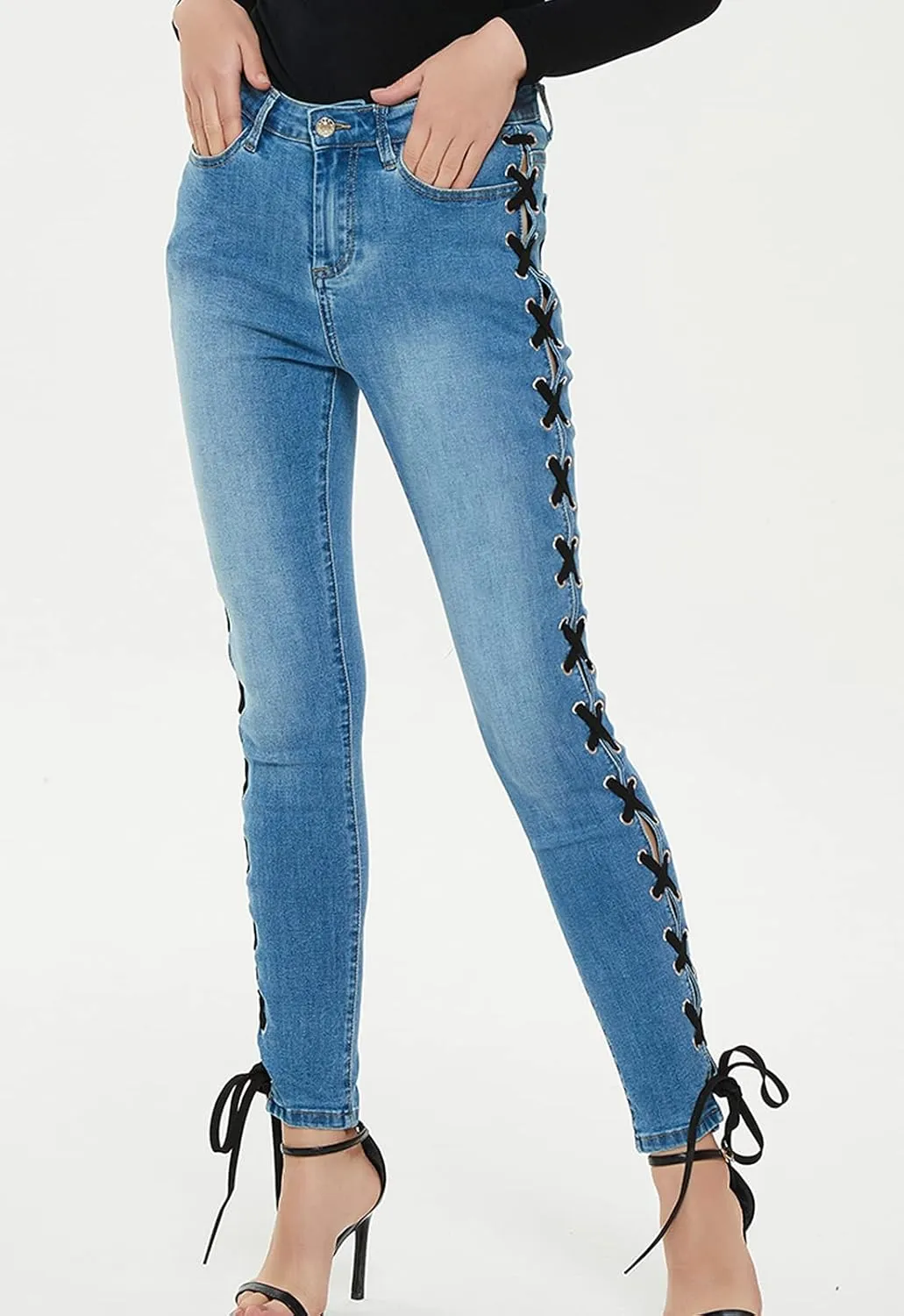ThCreasa Womens Sexy Side Lace Up Skinny Jeans Stretch Straight Bandage Denim Pants