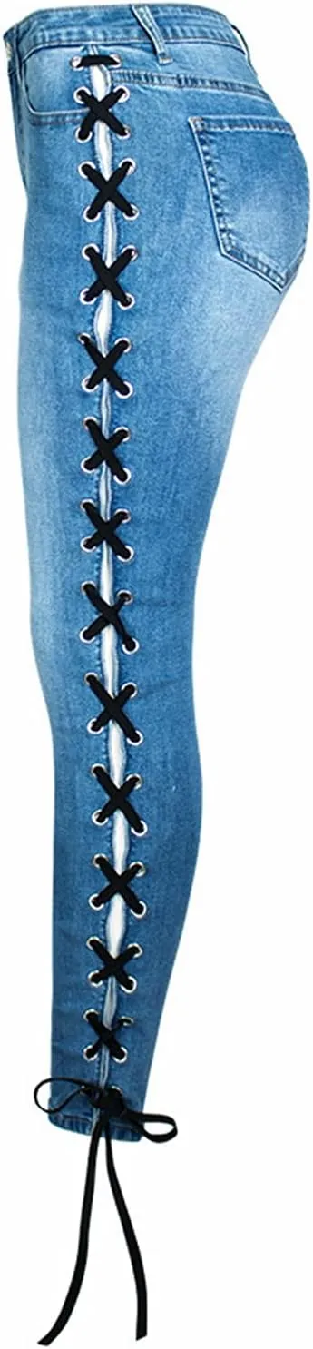 ThCreasa Womens Sexy Side Lace Up Skinny Jeans Stretch Straight Bandage Denim Pants