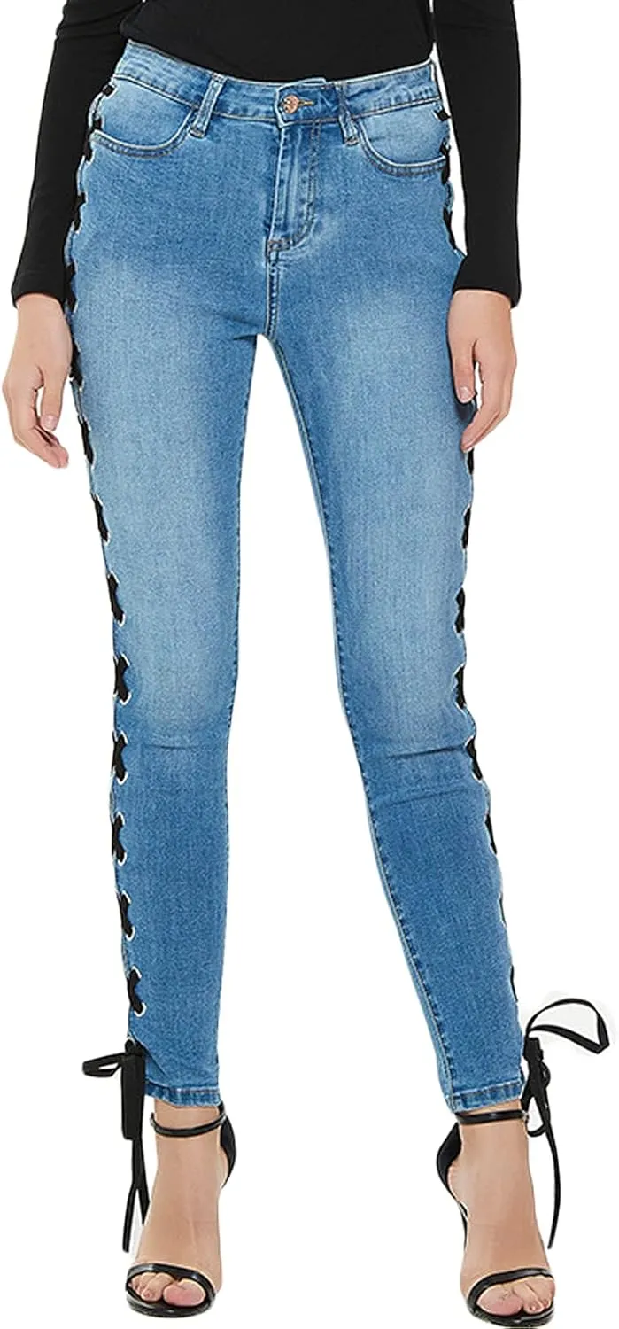 ThCreasa Womens Sexy Side Lace Up Skinny Jeans Stretch Straight Bandage Denim Pants