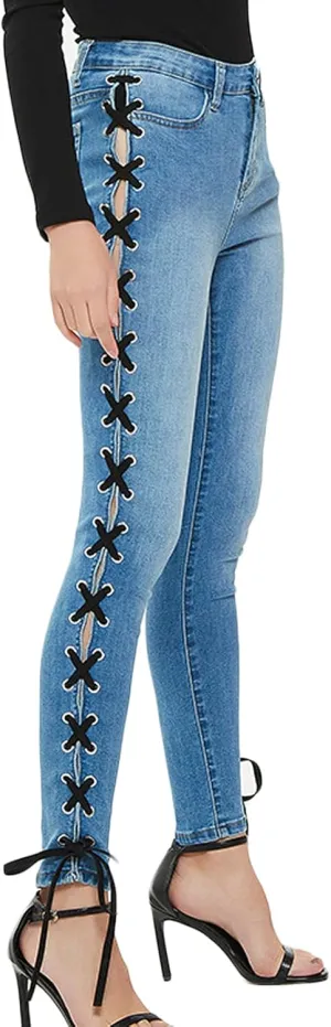 ThCreasa Womens Sexy Side Lace Up Skinny Jeans Stretch Straight Bandage Denim Pants