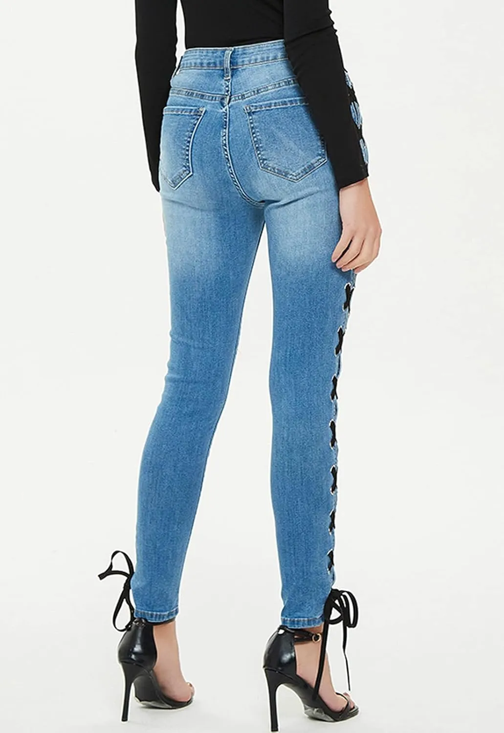 ThCreasa Womens Sexy Side Lace Up Skinny Jeans Stretch Straight Bandage Denim Pants
