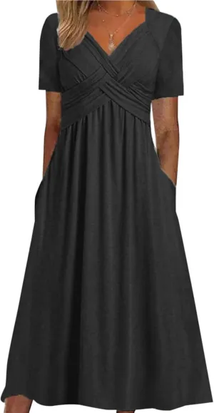 V Neck Wedding Guest Dresses for Women Short Sleeve Pleated Dress with Pockets Boho Sun Dress for Beach Vacation