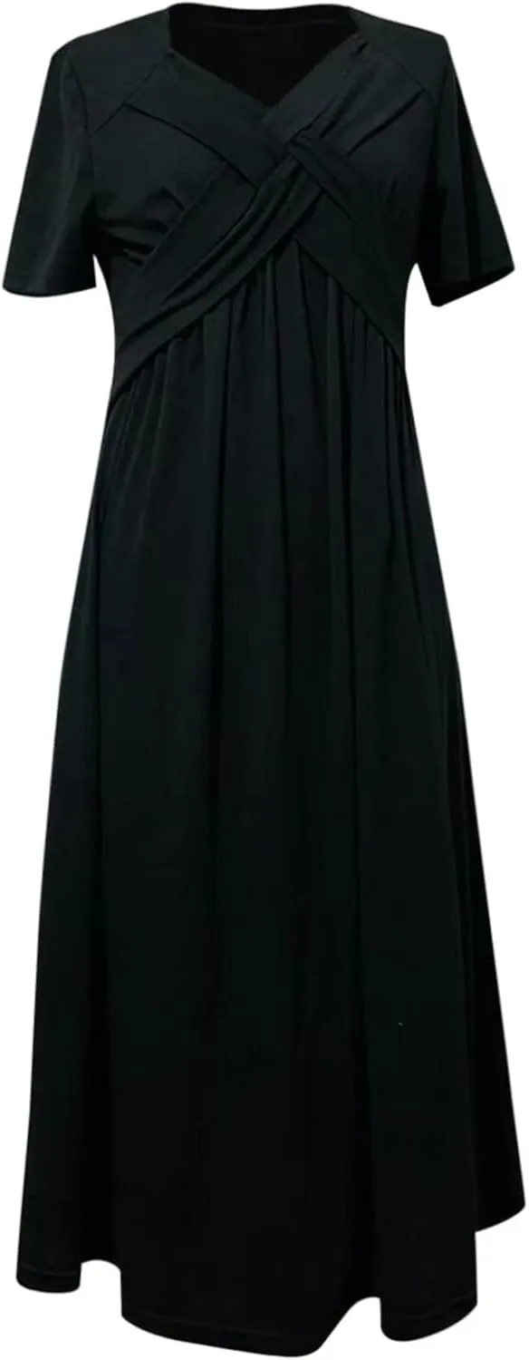 V Neck Wedding Guest Dresses for Women Short Sleeve Pleated Dress with Pockets Boho Sun Dress for Beach Vacation
