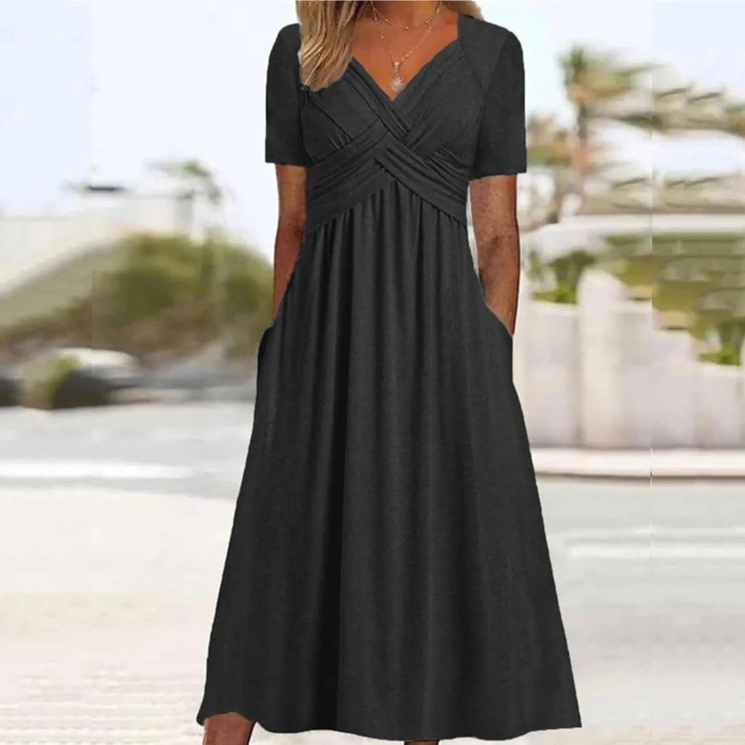 V Neck Wedding Guest Dresses for Women Short Sleeve Pleated Dress with Pockets Boho Sun Dress for Beach Vacation