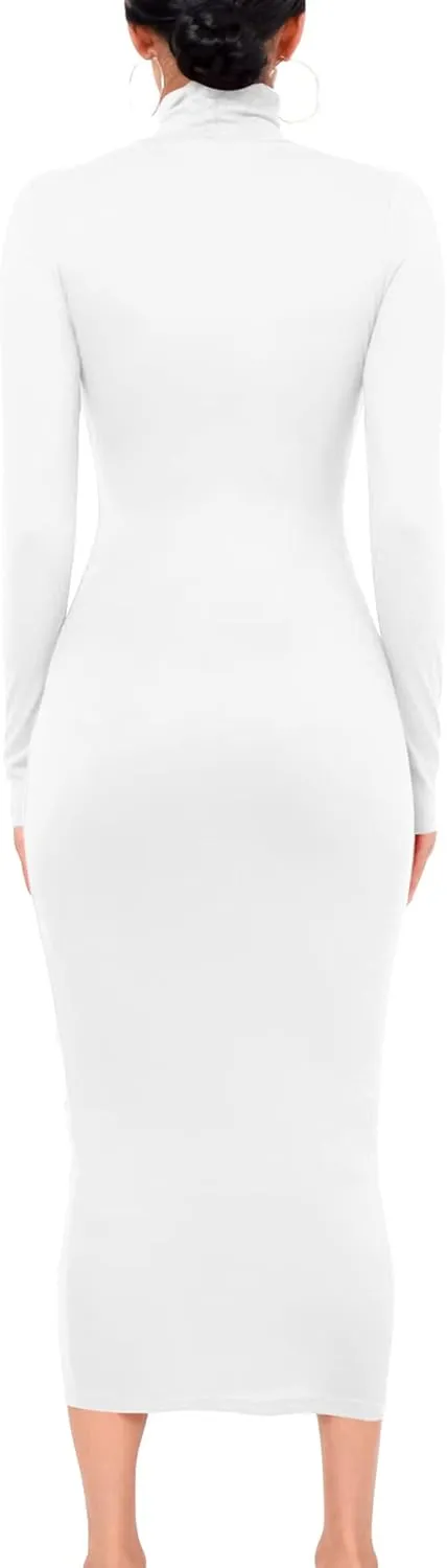 VASAUGE Women's Sexy Bodycon Club Party Long Sleeve Turtleneck Casual Midi Pencil Dress