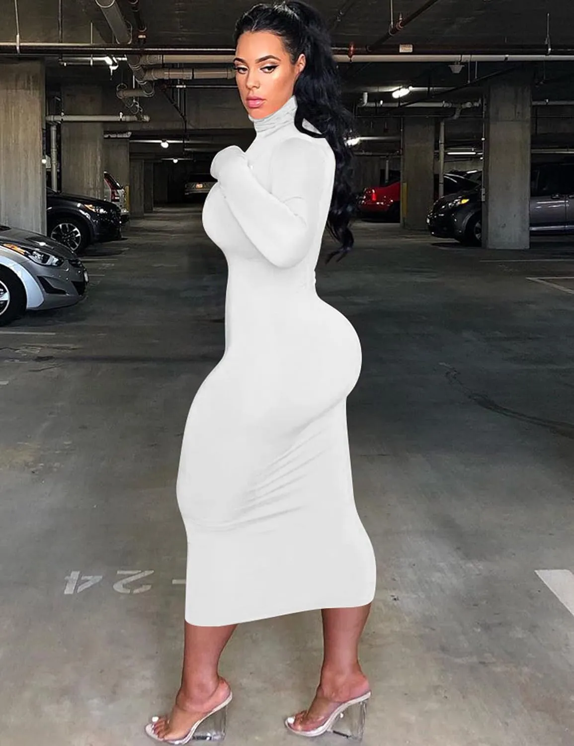 VASAUGE Women's Sexy Bodycon Club Party Long Sleeve Turtleneck Casual Midi Pencil Dress