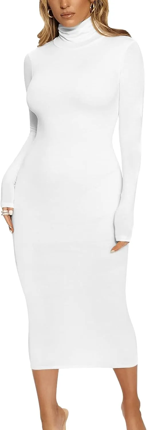 VASAUGE Women's Sexy Bodycon Club Party Long Sleeve Turtleneck Casual Midi Pencil Dress