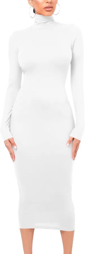 VASAUGE Women's Sexy Bodycon Club Party Long Sleeve Turtleneck Casual Midi Pencil Dress