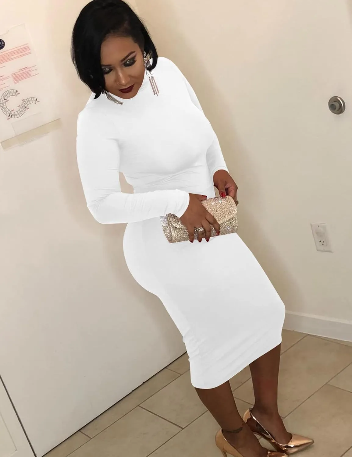 VASAUGE Women's Sexy Bodycon Club Party Long Sleeve Turtleneck Casual Midi Pencil Dress