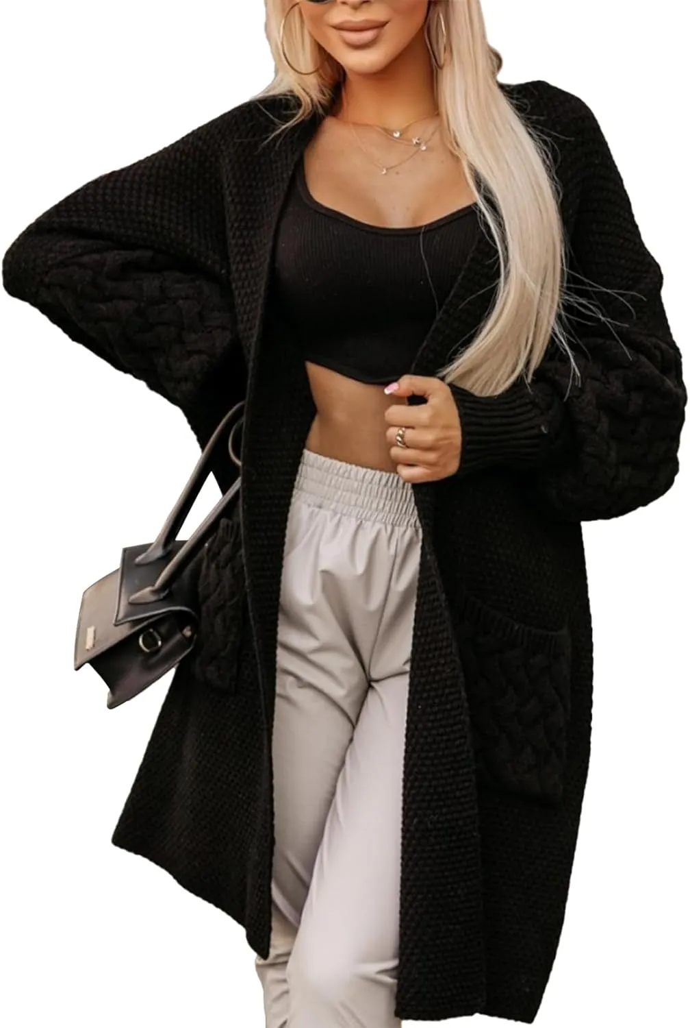 Viottiset Women's Oversized Long Cardigan Sweaters Fall Open Front Batwing Sleeve Cable Knit Cardigans with Pockets