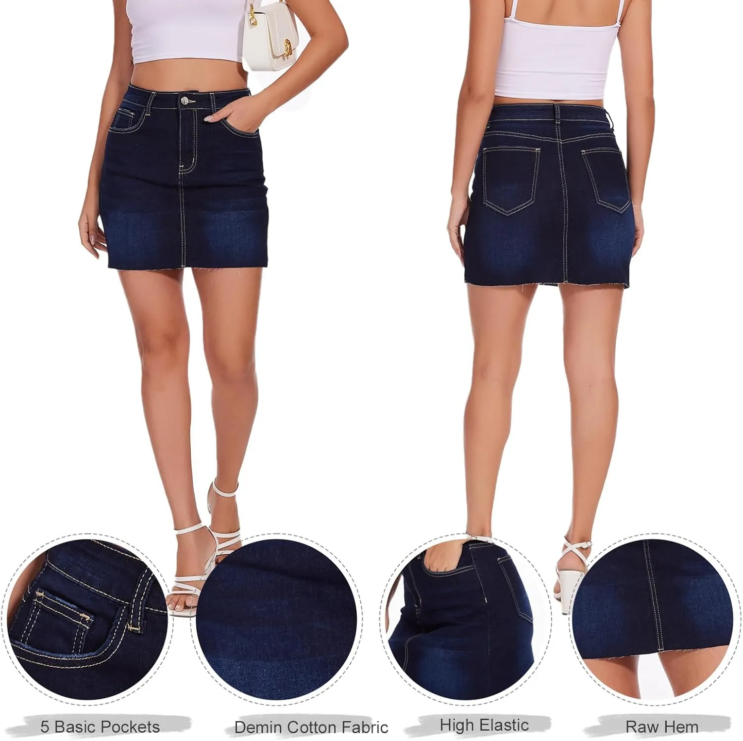 VIPONES Women Denim Skirt High Waist Raw Hem Stretch Ripped Casual Mini Jean Skirts